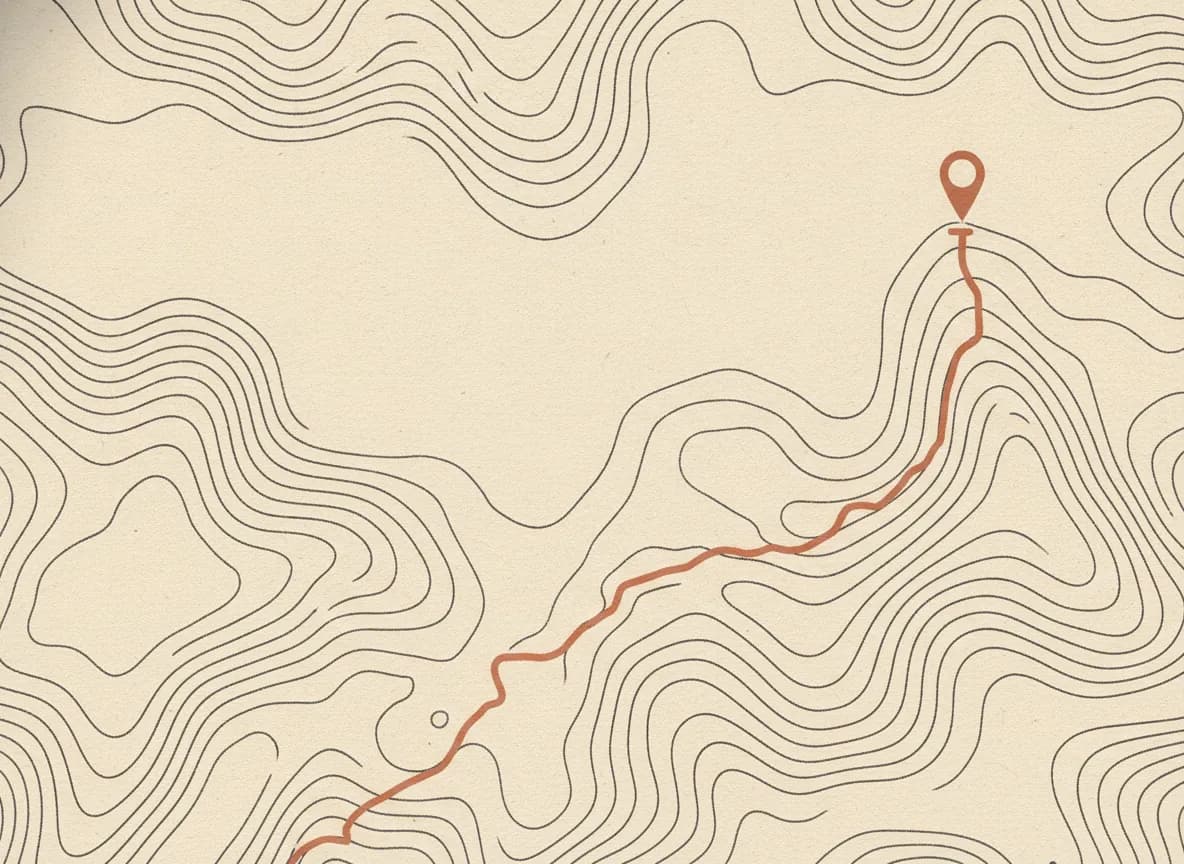 Carte topographique abstraite : une route trace un chemin à travers les courbes de niveau jusqu'à une destination marquée.